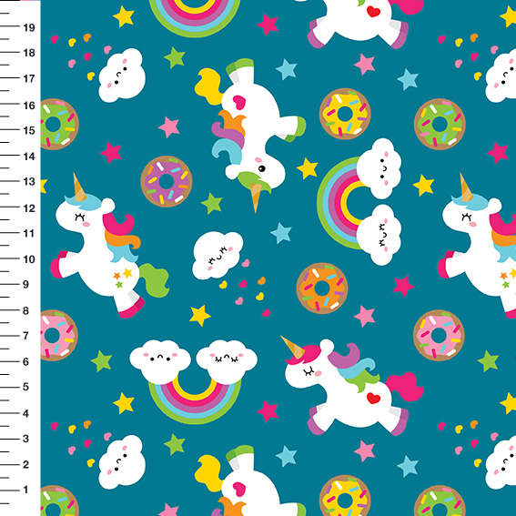 Sintético Doll Unicórnios Donuts Fundo Azul Petróleo - Meia Tigela 50cm x 1,36mt