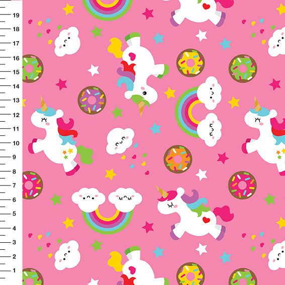 Sintético Doll Unicórnios Donuts Fundo Rosa - Meia Tigela 50cm x 1,36mt