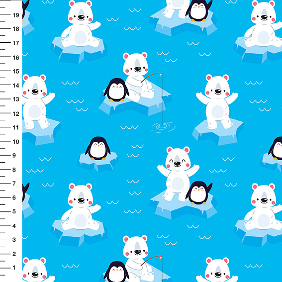 Sintético Doll Urso Polar e Pinguim Fundo Azul - Meia Tigela 50cm x 1,36mt