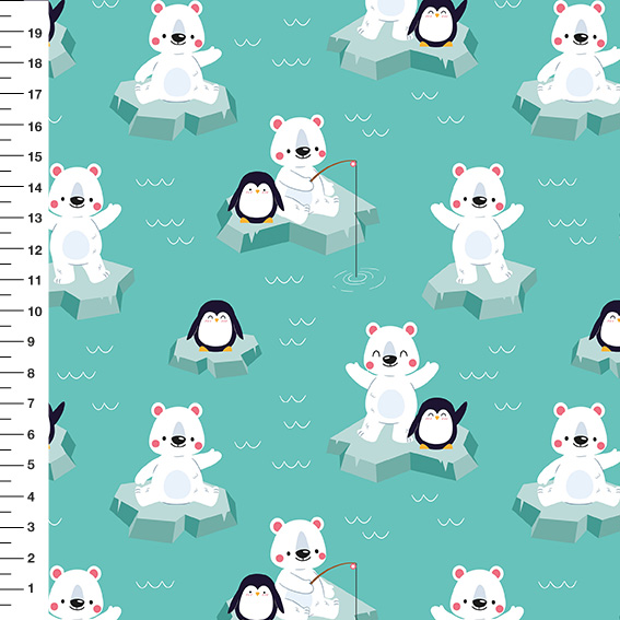 Sintético Doll Urso Polar e Pinguim Fundo Verde Água - Meia Tigela 50cm x 1,36mt