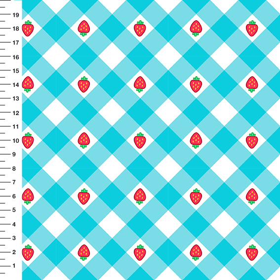 Sintético Doll Xadrez Morangos Azul - Meia Tigela 50cm x 1,36mt