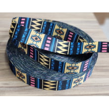 Alça Acetinada Estampada Etnico Azul/Amarelo/Preto - 3,0 CM