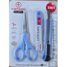 Kit 3 em 1 Tesoura Estilete e Refil Azul