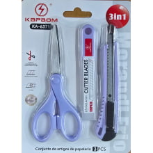 Kit 3 em 1 Tesoura Estilete e Refil Lilás