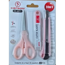 Kit 3 em 1 Tesoura Estilete e Refil Rosa