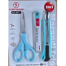 Kit 3 em 1 Tesoura Estilete e Refil Verde