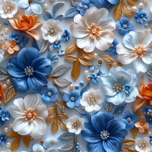 Tecido Sarja Impermeável Flor Azul e Branca 3D 9100e13682s