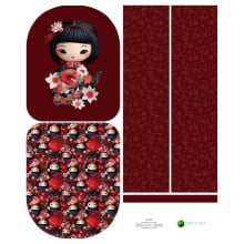 Painel Mochila Média Kokeshi fundo vinho - Sintético Doll Estampado