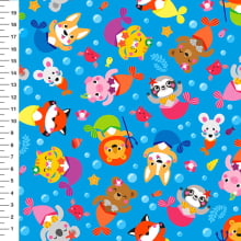 Sintético Doll Bichinhos Sereia Fundo Azul - Meia Tigela 50cm x 1,36mt Sintético Doll Bichinhos Sereia Fundo Azul - Meia Tigela 50cm x 1,36mt