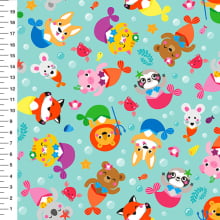 Sintético Doll Bichinhos Sereia Fundo Verde Água - Meia Tigela 50cm x 1,36mt Sintético Doll Bichinhos Sereia Fundo Verde Água - Meia Tigela 50cm x 1,36mt