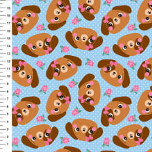 Sintético Doll Cachorrinha Flores Poá Fundo Azul - Meia Tigela 50cm x 1,36mt Sintético Doll Cachorrinha Flores Poá Fundo Azul - Meia Tigela 50cm x 1,36mt