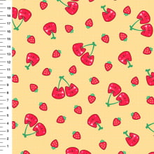 Sintético Doll Cerejas e Morangos Fundo Amarelo - Meia Tigela 50cm x 1,36mt Sintético Doll Cerejas e Morangos Fundo Amarelo - Meia Tigela 50cm x 1,36mt