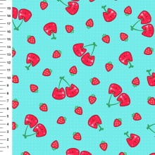 Sintético Doll Cerejas e Morangos Fundo Verde Água - Meia Tigela 50cm x 1,36mt