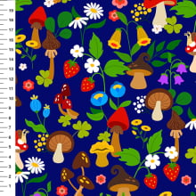 Sintético Doll Cogumelos e Flores do Campo Fundo Azul Marinho - Meia Tigela 50cm x 1,36mt