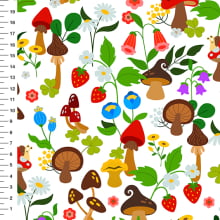 Sintético Doll Cogumelos e Flores do Campo Fundo Branco - Meia Tigela 50cm x 1,36mt