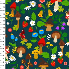 Sintético Doll Cogumelos e Flores do Campo Fundo Petróleo - Meia Tigela 50cm x 1,36mt