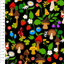 Sintético Doll Cogumelos e Flores do Campo Fundo Preto - Meia Tigela 50cm x 1,36mt