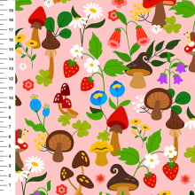 Sintético Doll Cogumelos e Flores do Campo Fundo Rosa - Meia Tigela 50cm x 1,36mt