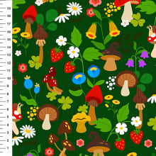 Sintético Doll Cogumelos e Flores do Campo Fundo Verde Escuro - Meia Tigela 50cm x 1,36mt