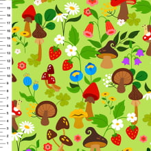 Sintético Doll Cogumelos e Flores do Campo Fundo Verde Limão - Meia Tigela 50cm x 1,36mt