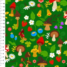 Sintético Doll Cogumelos e Flores do Campo Fundo Verde - Meia Tigela 50cm x 1,36mt