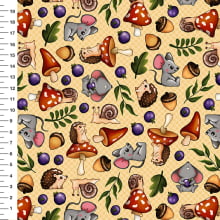 Sintético Doll Cogumelos e Ratinhos Fundo Bege - Meia Tigela 50cm x 1,36mt
