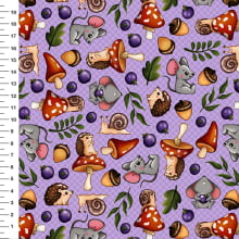Sintético Doll Cogumelos e Ratinhos Fundo Lilás - Meia Tigela 50cm x 1,36mt