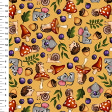 Sintético Doll Cogumelos e Ratinhos Fundo Mostarda - Meia Tigela 50cm x 1,36mt