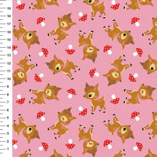 Sintético Doll Corça Cogumelos Poá Fundo Rosa - Meia Tigela 50cm x 1,36mt