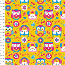 Sintético Doll Corujas Folk Fundo Amarelo - Meia Tigela 50cm x 1,36mt