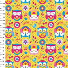 Sintético Doll Corujas Folk Fundo Amarelo Renda - Meia Tigela 50cm x 1,36mt