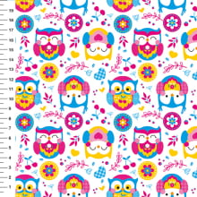 Sintético Doll Corujas Folk Fundo Branco - Meia Tigela 50cm x 1,36mt