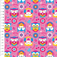 Sintético Doll Corujas Folk Fundo Rosa - Meia Tigela 50cm x 1,36mt