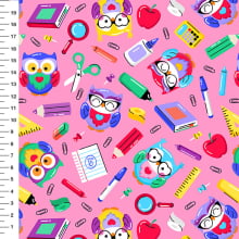 Sintético Doll Corujinhas Material Escolar Fundo Rosa - Meia Tigela 50cm x 1,36mt