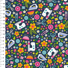 Sintético Doll Costura e Flores Fundo Azul Marinho - Meia Tigela 50cm x 1,36mt