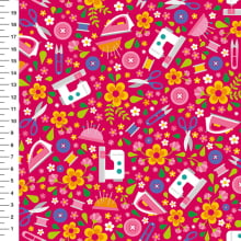 Sintético Doll Costura e Flores Fundo Pink - Meia Tigela 50cm x 1,36mt