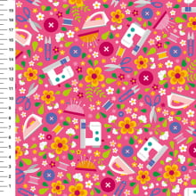 Sintético Doll Costura e Flores Fundo Rosa - Meia Tigela 50cm x 1,36mt
