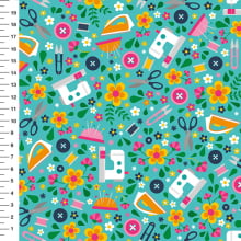 Sintético Doll Costura e Flores Fundo Verde Água - Meia Tigela 50cm x 1,36mt