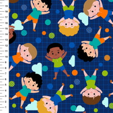 Sintético Doll Crianças Brincando Fundo Azul Marinho - Meia Tigela 50cm x 1,36mt