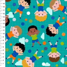 Sintético Doll Crianças Brincando Fundo Verde Petróleo - Meia Tigela 50cm x 1,36mt