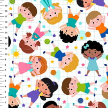 Sintético Doll Crianças e Bolas Fundo Branco - Meia Tigela 50cm x 1,36mt