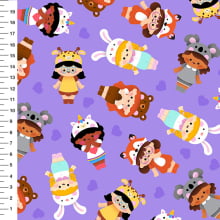 Sintético Doll Crianças Fantasiadas Fundo Lilás - Meia Tigela 50cm x 1,36mt