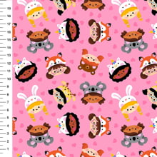 Sintético Doll Crianças Fantasiadas Rostinhos Fundo Rosa - Meia Tigela 50cm x 1,36mt
