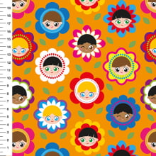 Sintético Doll Crianças Flores Fundo Laranja - Meia Tigela 50cm x 1,36mt