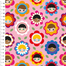 Sintético Doll Crianças Flores Fundo Rosa - Meia Tigela 50cm x 1,36mt