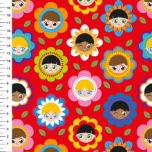 Sintético Doll Crianças Flores Fundo Vermelho - Meia Tigela 50cm x 1,36mt