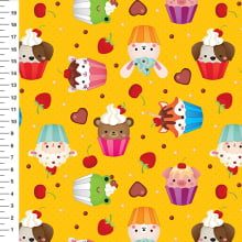 Sintético Doll Cupcakes Bichinhos Fundo Amarelo - Meia Tigela 50cm x 1,36mt