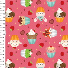 Sintético Doll Cupcakes Bichinhos Fundo Rosa - Meia Tigela 50cm x 1,36mt