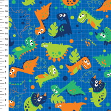 Sintético Doll Dinossauros Quadriculado Fundo Azul - Meia Tigela 50cm x 1,36mt