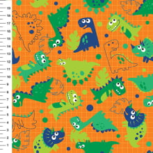 Sintético Doll Dinossauros Quadriculado Fundo Laranja - Meia Tigela 50cm x 1,36mt